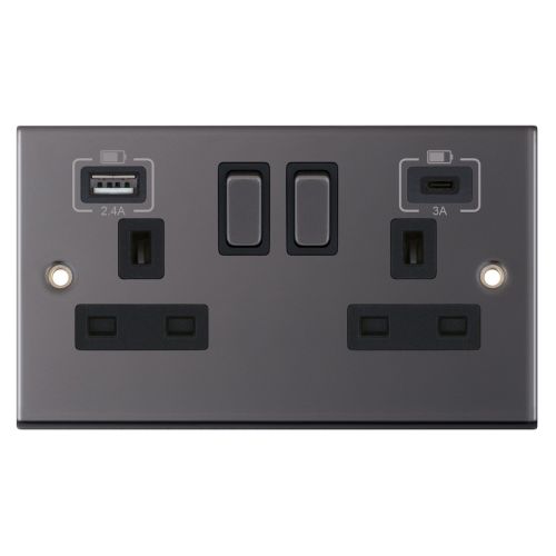 Selectric 2 Gang 13 Amp Socket with 2 x USB Ports 1 C Type 1 A type 2.4A / 3A SP Switched Black Nickel 