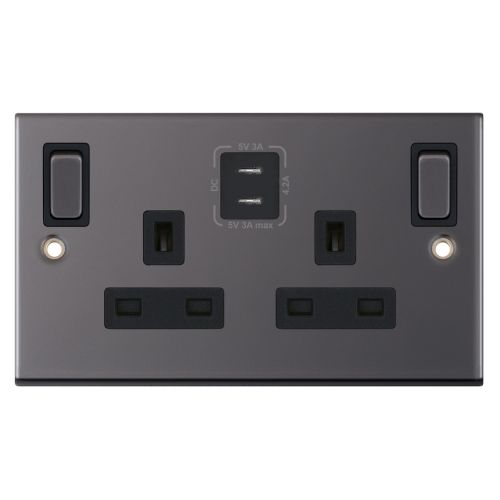 Selectric 13 Amp Socket Outlet 2 Gang Switched SP Outboard Rockers + 2 Earth Terminals, 2 x USB Type C (3A / 3A) Black Nickel Black Insert