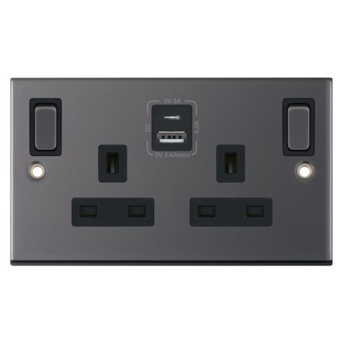 Selectric 13 Amp Socket Outlet 2 Gang Switched SP Outboard Rockers + 2 Earth Terminals, 1 x USB Type A & 1 x USB Type C (2.4A / 3A) Black Nickel Black Insert