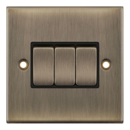 Selectric 10A Plate Switch 3 Gang 2 Way X-Rated Antique Brass Black Inserts