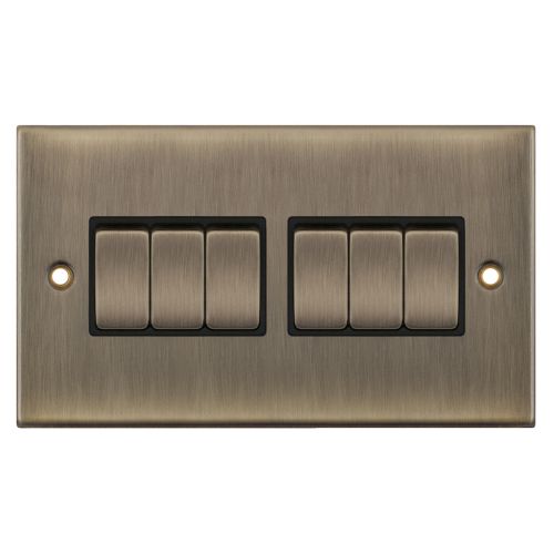 Selectric 10 Amp Plate Switch 6 Gang 2 Way X-Rated Antique Brass Black Inserts