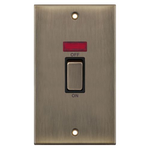 Selectric 45 Amp DP Switch with Neon 2 Gang Plate Antique Brass