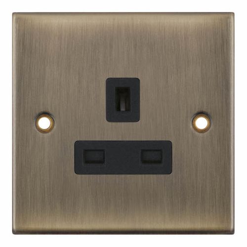 Selectric 1 Gang 13 Amp Socket Unswitched Antique Brass Black Insert