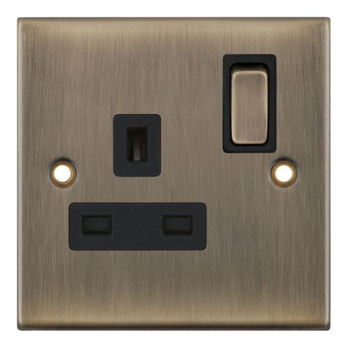Selectric 1 Gang 13 Amp Socket DP Switched Antique Brass Black Insert