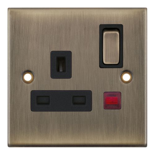 Selectric 1 Gang 13 Amp Socket with Neon DP Switched Antique Brass Black Insert