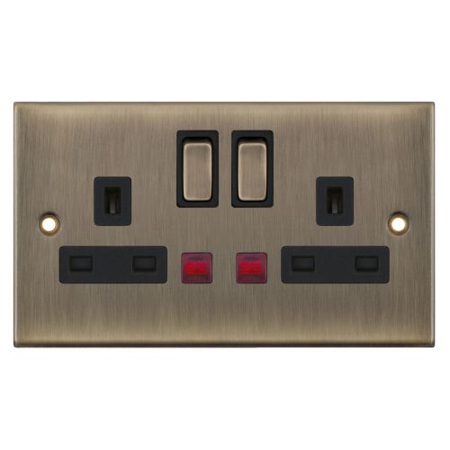 Selectric 2 Gang 13 Amp Socket with Neons DP Switched Antique Brass Black Insert