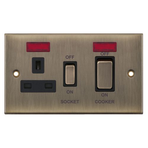 Selectric 45 Amp Cooker Unit w/ 13 Amp Switched Socket & Neon Antique Brass