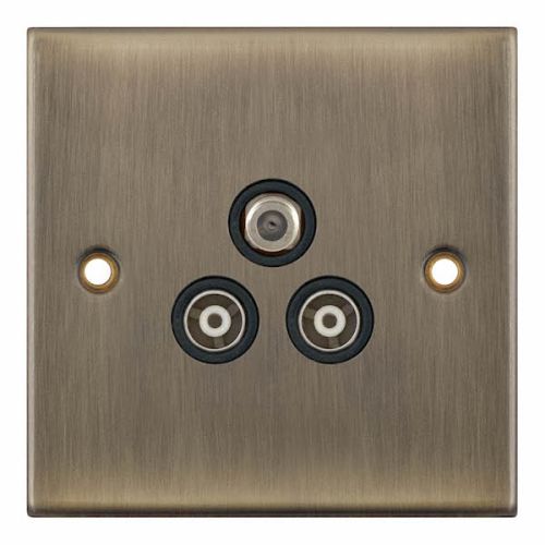 Selectric 1 Gang F-Type Satellite + 2 Gang TV/FM ﻿Coaxial/Aerial Sockets Antique Brass Black Insert