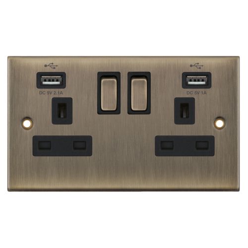 Selectric 2 Gang 13 Amp Socket w/ USB Ports SP Switched Antique Brass Black Insert