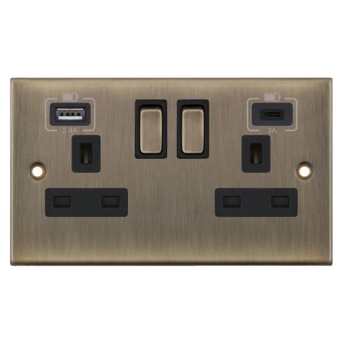 Selectric 2 Gang 13A Socket USB Ports 1 C Type 1 A type 2.4A / 3A SP Antique Brass