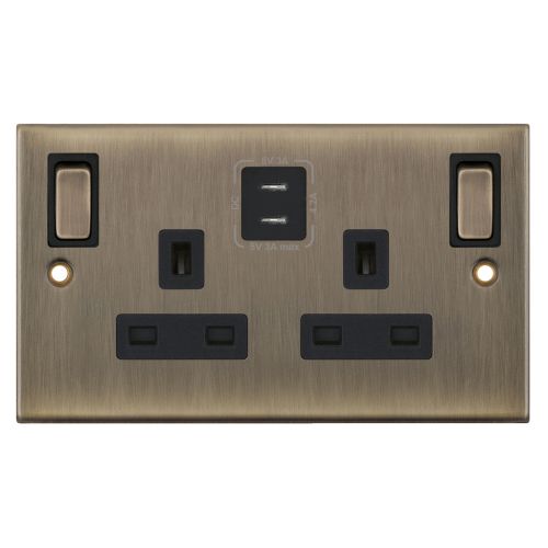 Selectric 13 Amp Socket Outlet 2G Outboard Rockers USB Type C (3A / 3A) Antique Brass