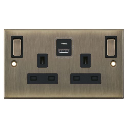 Selectric 13 Amp Socket Outlet 2 Gang x USB Type A & C Antique Brass