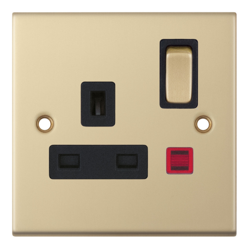 Selectric 1 Gang 13 Amp Socket with Neon DP Switched Satin Brass