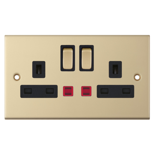 Selectric 2 Gang 13 Amp Socket with Neons DP Switched Satin Brass