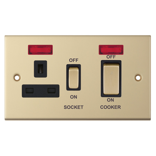 Selectric 45 Amp Cooker Unit with 13 Amp Switched Socket w/ Neons Satin Brass