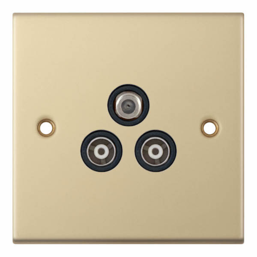 Selectric 1 Gang F-Type Satellite + 2 Gang TV/FM ﻿Coaxial/Aerial Sockets Satin Brass