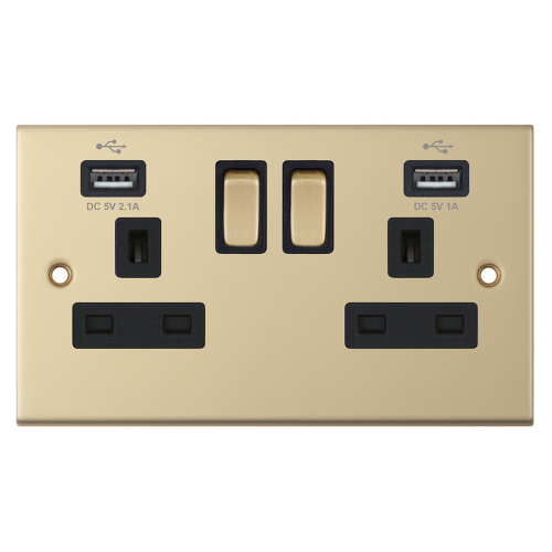 Selectric 2 Gang 13 Amp Socket with 2 x USB Ports SP Switched Satin Brass