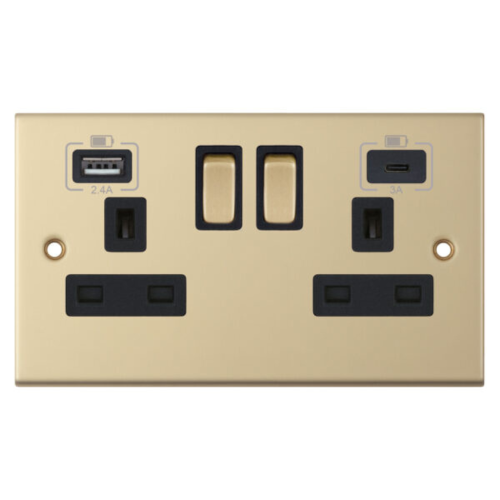 Selectric 2 Gang 13 Amp Socket 2 x USB Ports - Switched Satin Brass