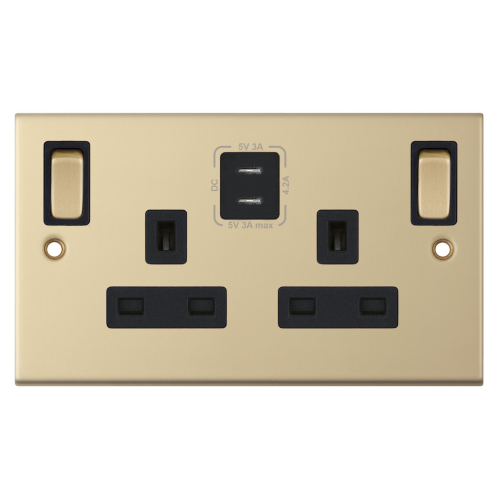 Selectric 13 Amp Socket Outlet 2 Gang Switched SP 2 x USB Type C Satin Brass