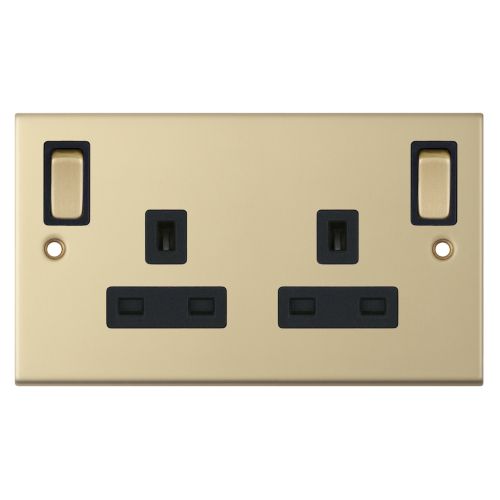 Selectric 13 Amp Socket Outlet 2 Gang Switched Satin Brass 