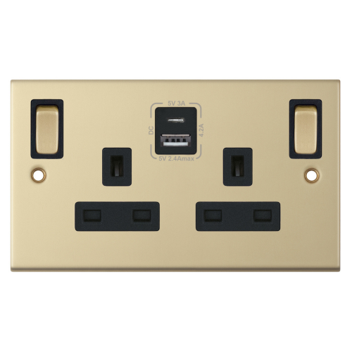 Selectric 13 Amp Socket Outlet 2 Gang Switched SP Satin Brass