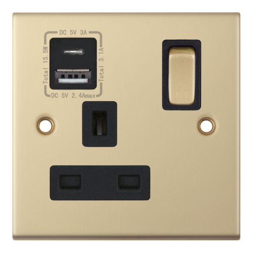 Selectric 1 Gang 13 Amp Socket with USB Type C & x USB Type A Port (3.1A) Satin Brass