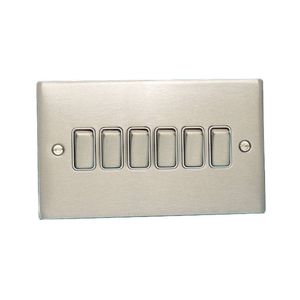 Flatplate 10A 6 Gang 2 Way Switch Brushed Chrome White Insert