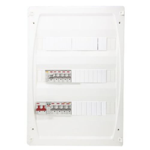 GARO 3 Row 54 mod Main ISOL 6 MCB, RCD, 2 RCBO & Surge Surface Board