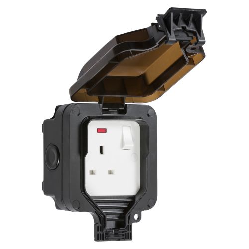 IP66 13A 1G DP switched socket with neon - Black with Meteor Electrical 