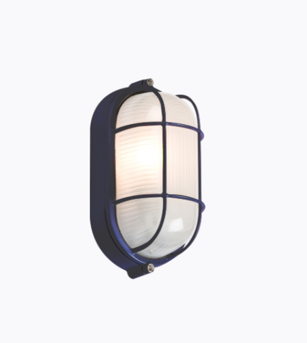 230V IP54 60W Black Oval Bulkhead with wire Guard and Glass Diffuser