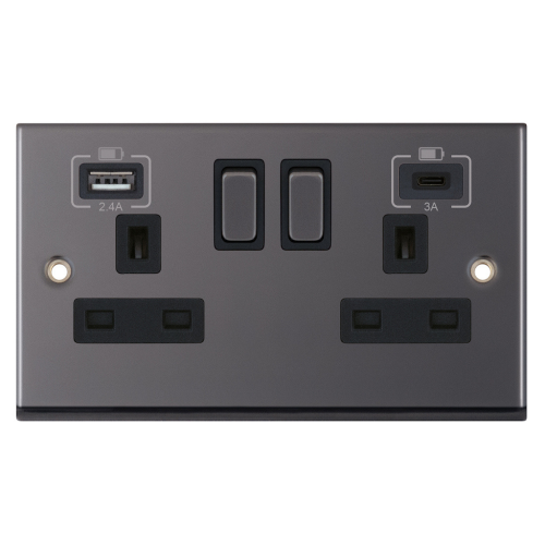 Selectric 13 Amp Socket with 2 x USB Ports – Black Nickel – Switched
