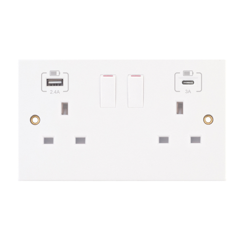 Selectric 2G 13A Socket 2 x USB Ports 1 C Type 1 A type 2.4A / 3A SP Switched