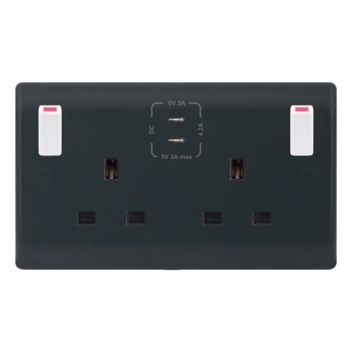 13 Amp Socket Outlet 2 Gang Switched SP Outboard Rockers + 2 Earth Terminals with 2 x USB Type C (3A / 3A)