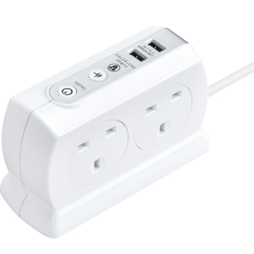 White Power Socket, 4 Gang 2 USB Compact Extension Lead, 2 Metre